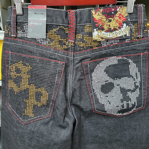 Southpole Other - Vtg Southpole Mens Freedom Raw Black Rhinestone Skull Studded Baggy Jeans 30x32